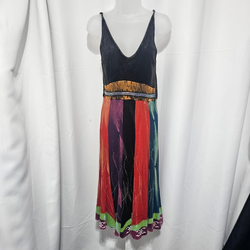 Rising International Patchwork Midi Dress Womens Med Black Boho Festival